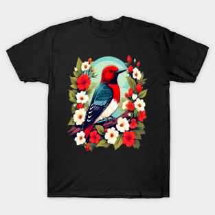 Cute Red Headed Woodpecker Surrounded by Vibrant Flowers T-Shirt